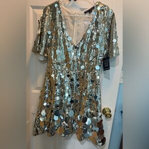 NWT Boston Proper Effortless Glamour Paillette Silver Sequin A-Line Dress